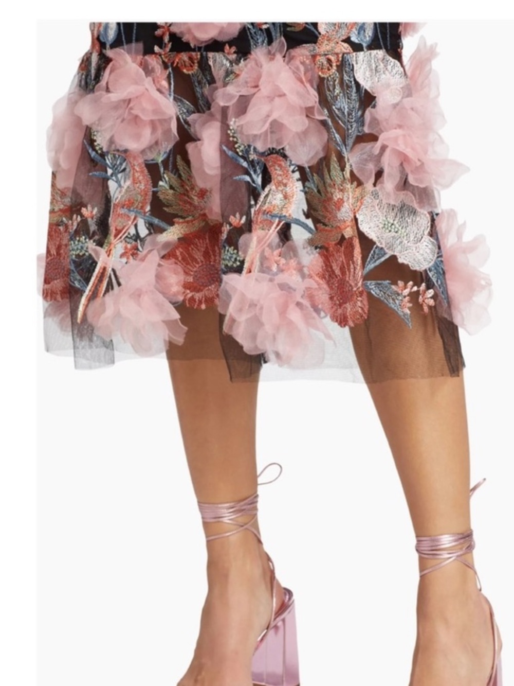 Marchesa Notte Black Floral Embroidered Midi Dress with Pink 3D Flowers - Picture 7 of 11